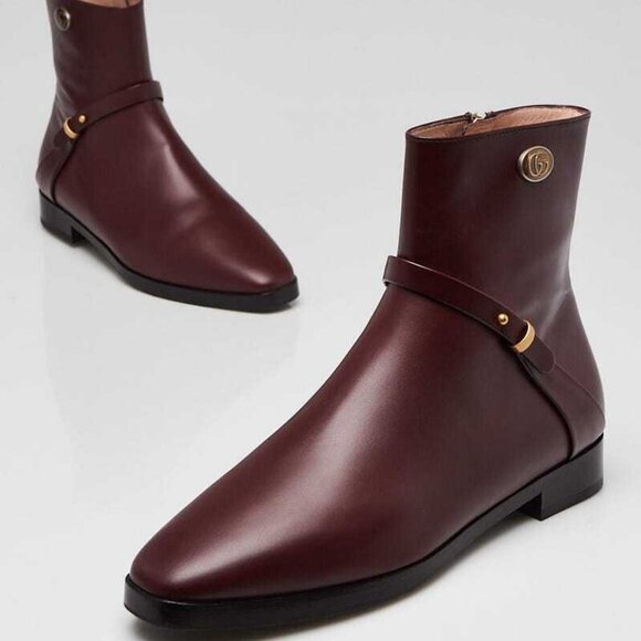 Gucci Burgundy Smooth Leather Elite GG Ankle Boots Size 6/36.5 - Picture 1 of 5